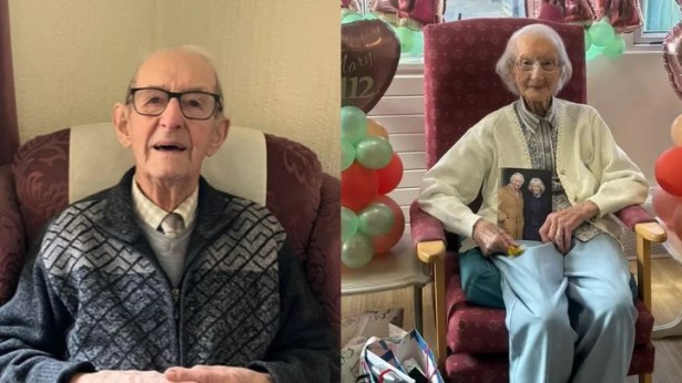Side-by-side photo of Owen Filer, 106, seated in an armchair in Cwmbran, and Mary Kier, 112, celebrating her birthday in a Llandeilo care home before her death last year.