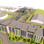 3D rendering of modern apartment buildings with balconies, solar panels, and landscaped surroundings.