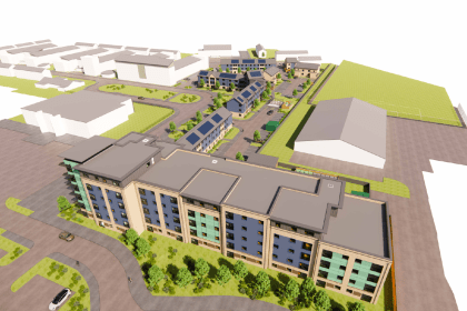 3D rendering of modern apartment buildings with balconies, solar panels, and landscaped surroundings.
