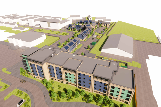 3D rendering of modern apartment buildings with balconies, solar panels, and landscaped surroundings.