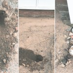 Three-panel image showing holes dug into the ground near a building. Left: close-up of a rough excavation in soil. Centre: wider view of a hole near a wall. Right: hole beside a brick wall with a circular container and broken bricks inside.