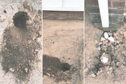 Three-panel image showing holes dug into the ground near a building. Left: close-up of a rough excavation in soil. Centre: wider view of a hole near a wall. Right: hole beside a brick wall with a circular container and broken bricks inside.