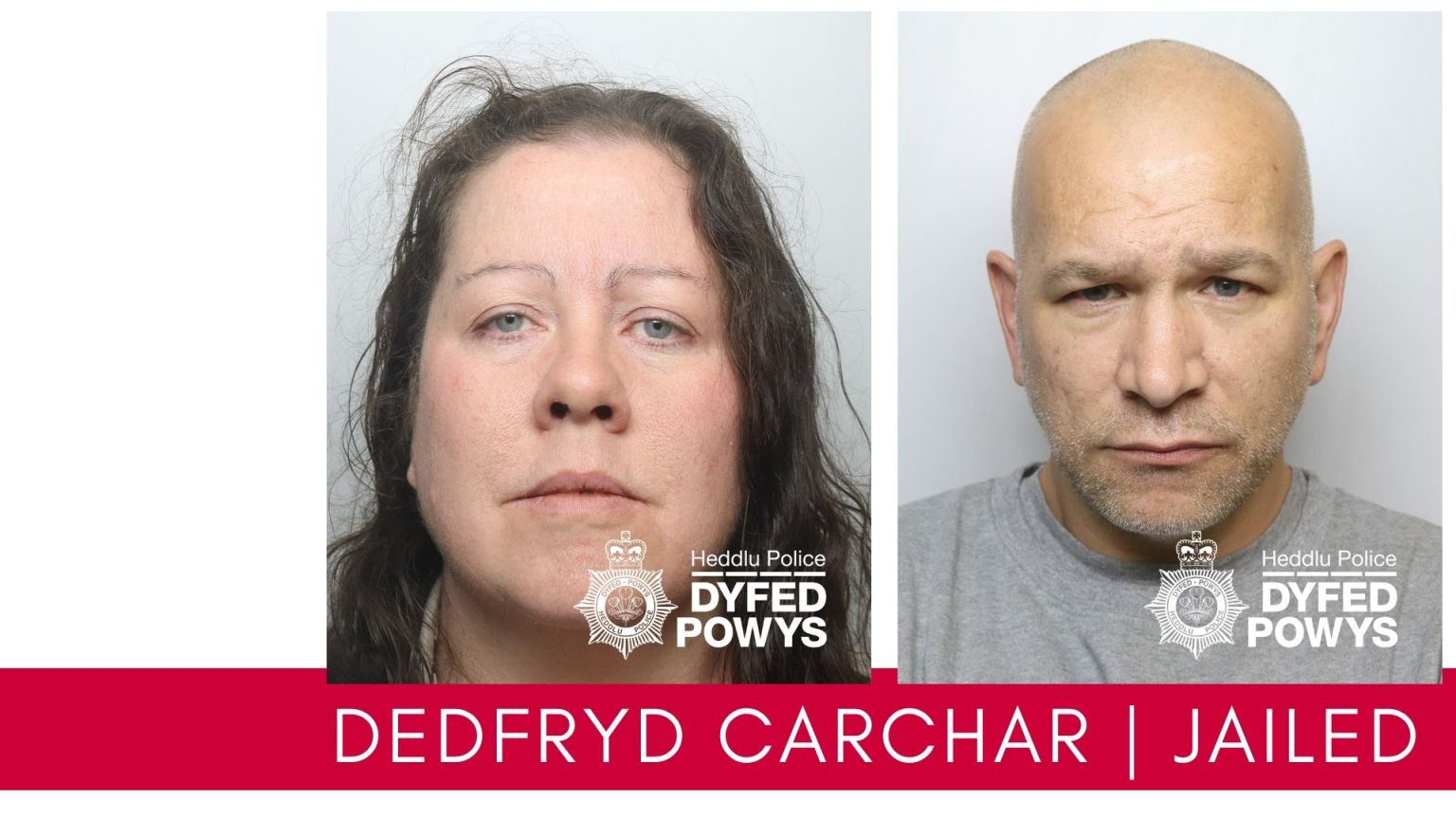 Combined custody image showing Samantha Evans on the left and Daniel Hughes on the right. Both have been jailed for conspiring to murder Evans’ husband in a planned attack inside a caravan.