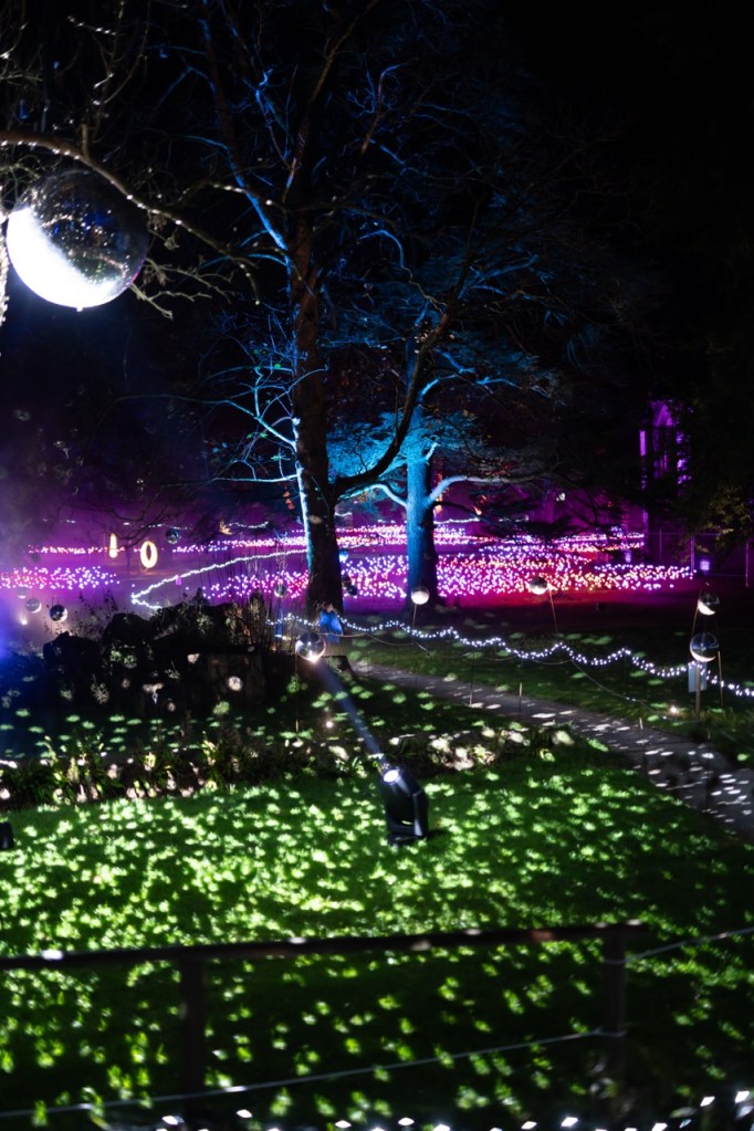 Nighttime garden illuminated with colourful lights, disco balls and green projections at Luminate Wales. Credit: www.clarehardingphotography.com