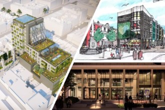 Montage showing Biophilic Living building in Swansea, Wyndham House in Bridgend, and Civic Square at Aberafan Shopping Centre in Port Talbot.