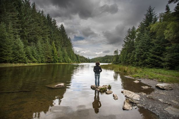 Person standing on rocks beside a forested lake under dramatic, overcast skies.