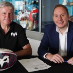 Lance Bradley, Ospreys CEO, and Cllr Rob Stewart at St Helen’s for the lease‑signing agreement relating to the Ospreys’ future in Swansea.