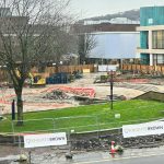 Castle Square construction site showing sculpture and fountain removed, with fencing and equipment visible. Photo: Chris Westhead.
