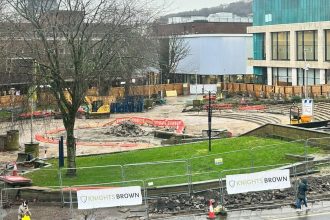 Castle Square construction site showing sculpture and fountain removed, with fencing and equipment visible. Photo: Chris Westhead.