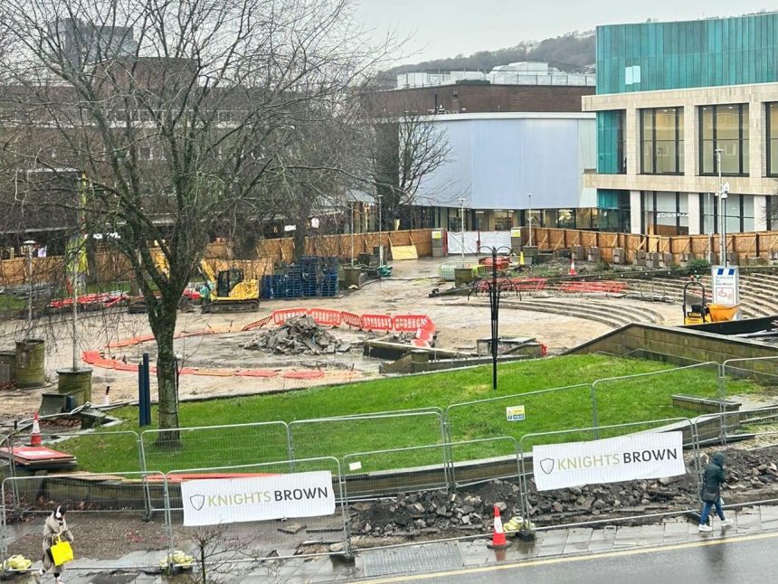 Castle Square construction site showing sculpture and fountain removed, with fencing and equipment visible. Photo: Chris Westhead.