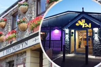 Side‑by‑side montage of The Bryngwyn and Ali Raj restaurant frontages in Llanelli, both now closed after announcing their shutdown on the same day.
