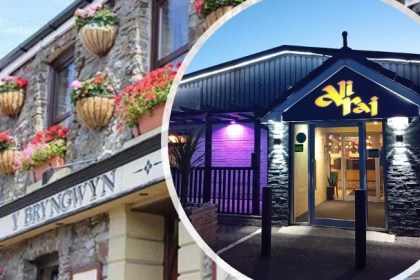 Side‑by‑side montage of The Bryngwyn and Ali Raj restaurant frontages in Llanelli, both now closed after announcing their shutdown on the same day.