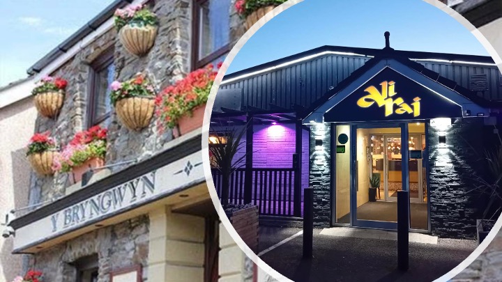 Side‑by‑side montage of The Bryngwyn and Ali Raj restaurant frontages in Llanelli, both now closed after announcing their shutdown on the same day.