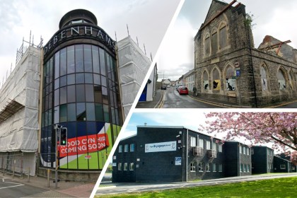 Montage featuring exterior images of Ysgol Bryngwyn in Llanelli, Kidwelly Town Hall and the former Debenhams building in Carmarthen.