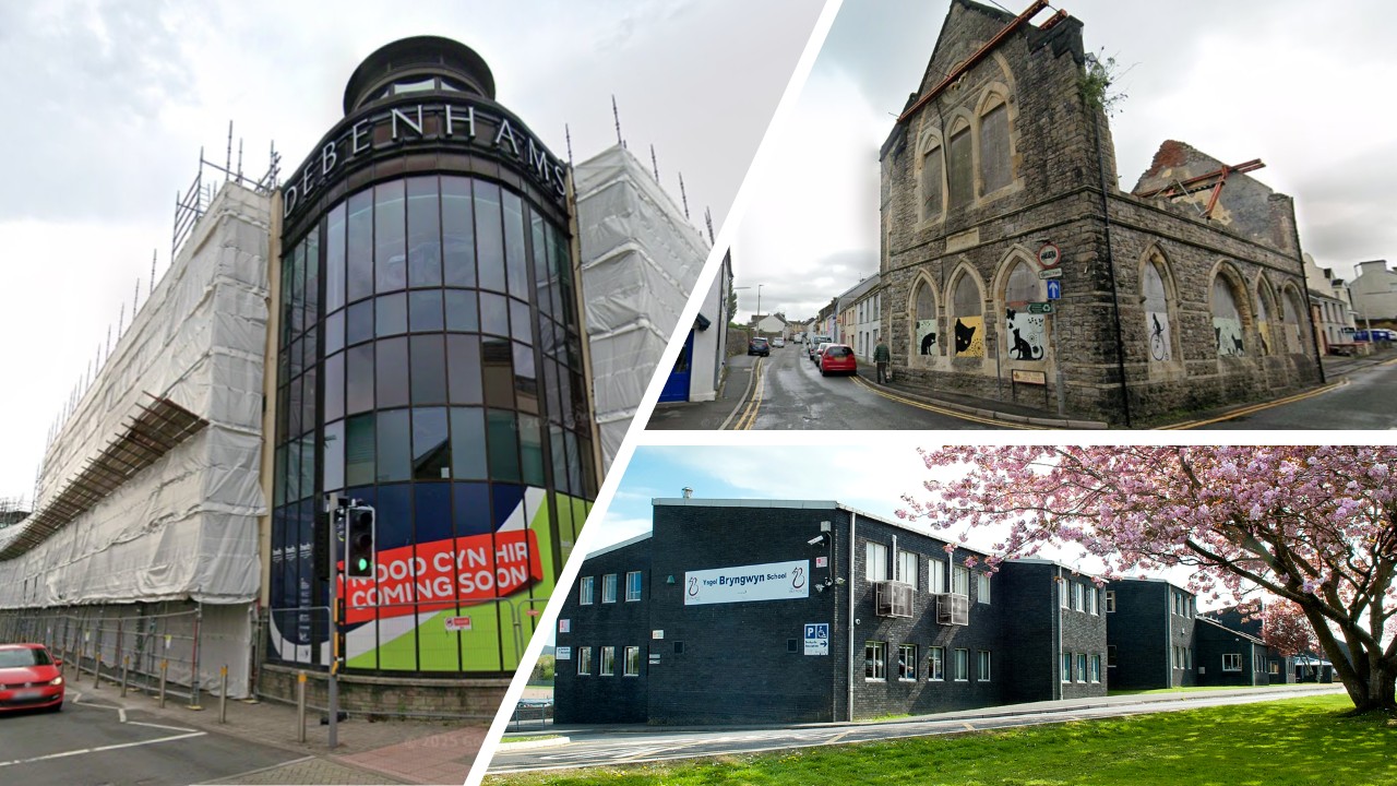 Montage featuring exterior images of Ysgol Bryngwyn in Llanelli, Kidwelly Town Hall and the former Debenhams building in Carmarthen.