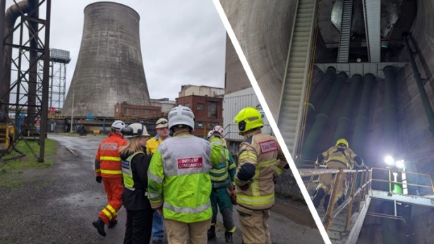 Montage showing emergency responders in front of Tata Steel cooling towers and a firefighter climbing an internal staircase during a rescue training drill.