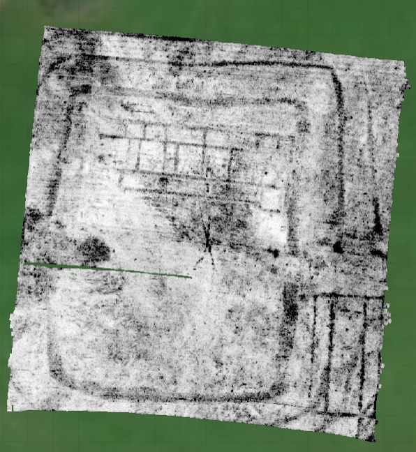 Grayscale geophysical scan showing the layout of a Roman villa complex at Margam.