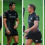 Collage showing Alun Wyn Jones, Gavin Henson, Shane Williams and James Hook playing for the Ospreys.