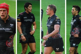 Collage showing Alun Wyn Jones, Gavin Henson, Shane Williams and James Hook playing for the Ospreys.