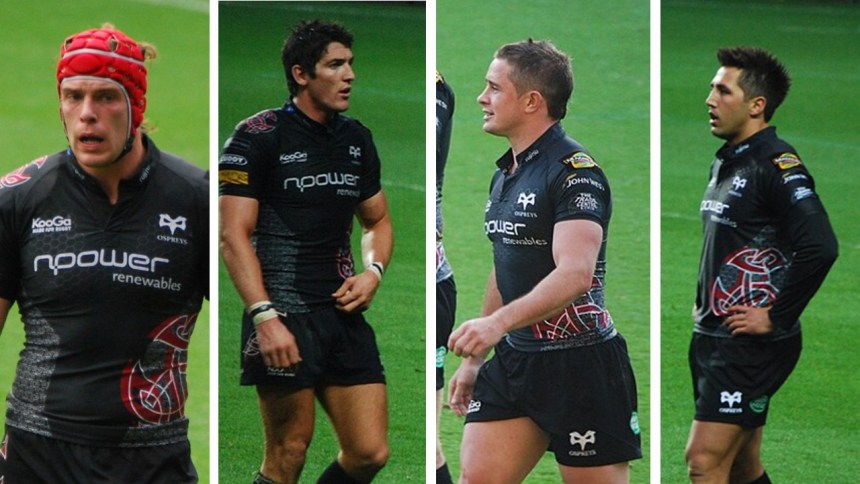 Collage showing Alun Wyn Jones, Gavin Henson, Shane Williams and James Hook playing for the Ospreys.