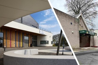 Composite image showing the front of Furnace Welsh Primary School and the front of Sketty Mosque.