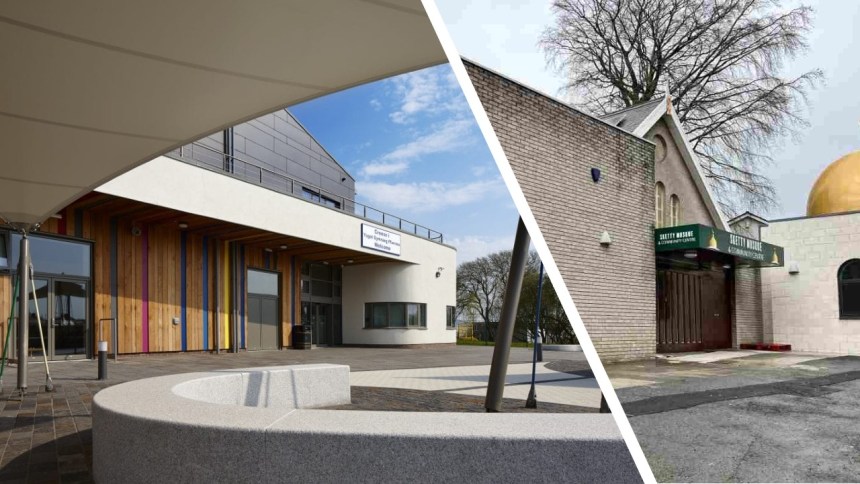 Composite image showing the front of Furnace Welsh Primary School and the front of Sketty Mosque.