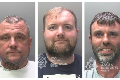 Montage showing the mugshots of Gareth Charles, Mathew Membury and Gareth Rowe, left to right.