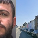 Montage combining a police custody photograph of Elian Thana with a street‑view image of Lady Street in Kidwelly, the location of a cannabis factory linked to his case.