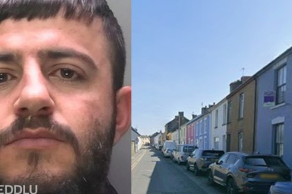 Montage combining a police custody photograph of Elian Thana with a street‑view image of Lady Street in Kidwelly, the location of a cannabis factory linked to his case.