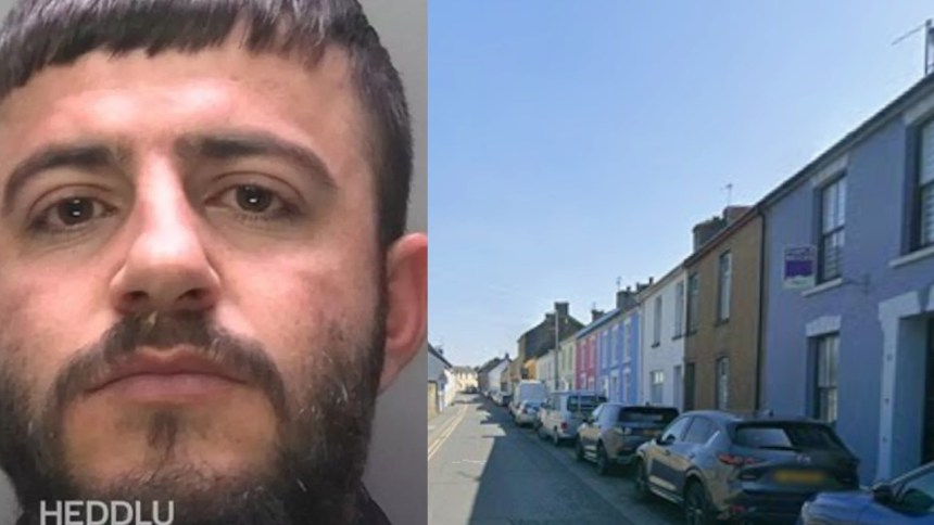 Montage combining a police custody photograph of Elian Thana with a street‑view image of Lady Street in Kidwelly, the location of a cannabis factory linked to his case.