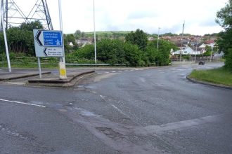 M4 junction 44 roundabout at Peniel Green during planned overnight resurfacing works.