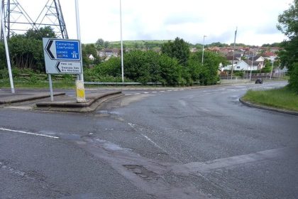 M4 junction 44 roundabout at Peniel Green during planned overnight resurfacing works.