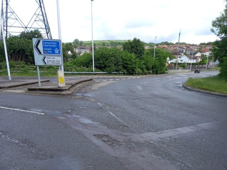 M4 junction 44 roundabout at Peniel Green during planned overnight resurfacing works.