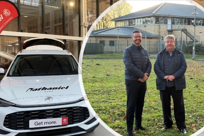 Composite image showing the Nathaniel Cars showroom in Bridgend and a portrait of Wayne and Nathan Griffiths standing outside the company’s headquarters.