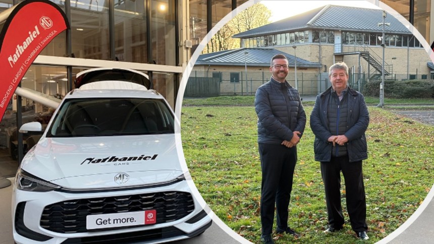 Composite image showing the Nathaniel Cars showroom in Bridgend and a portrait of Wayne and Nathan Griffiths standing outside the company’s headquarters.