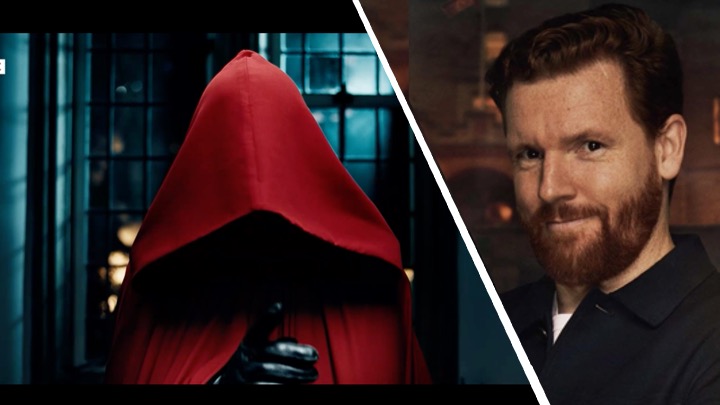 Montage showing the Secret Traitor in a red hood on the left and Paul Gorton on the right, separated by a diagonal divide.