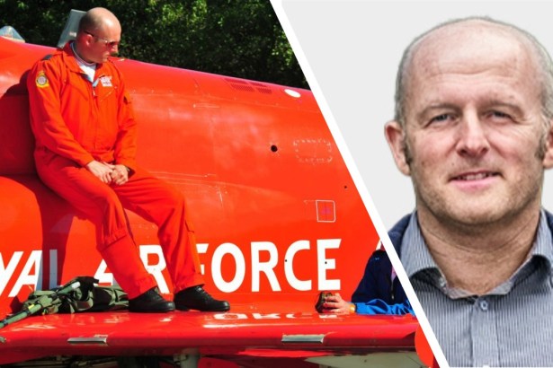 Split image showing Ross Priday sitting on a grounded Red Arrows jet during his time as chief engineer, alongside a current portrait of him.
