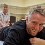 Ryan Jones completing a physiotherapy exercise following ankle surgery.