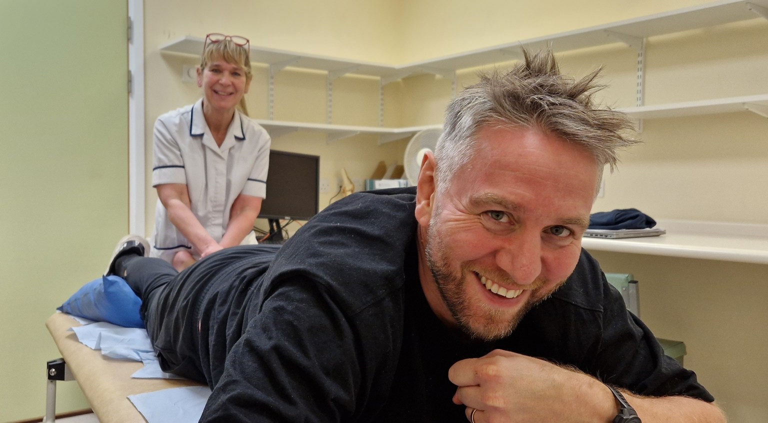 Ryan Jones completing a physiotherapy exercise following ankle surgery.