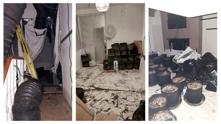 Montage of three images showing damaged rooms and equipment left behind from a disbanded cannabis factory inside a rented property in Sandfields, Swansea.
