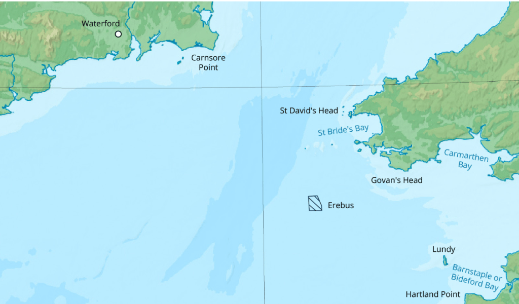 Map highlighting the Erebus floating wind farm site in the Celtic Sea south of Pembrokeshire.