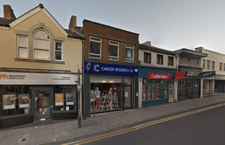 Street‑level image of the Cancer Research UK shop on Union Street, showing the storefront and surrounding pavement.