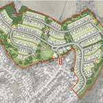 Masterplan map of the proposed 250‑home Leiros Parc development in Bryncoch showing housing layout, access routes and public open space.