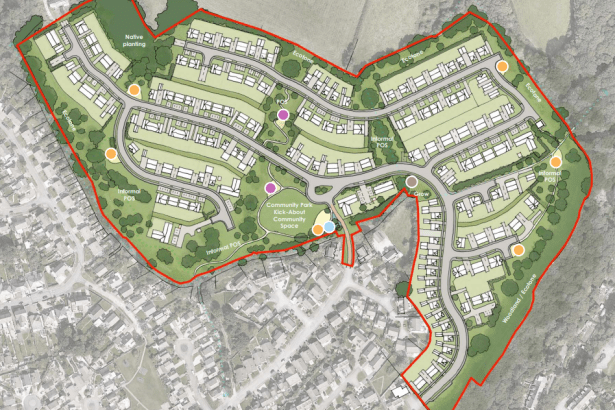 Masterplan map of the proposed 250‑home Leiros Parc development in Bryncoch showing housing layout, access routes and public open space.