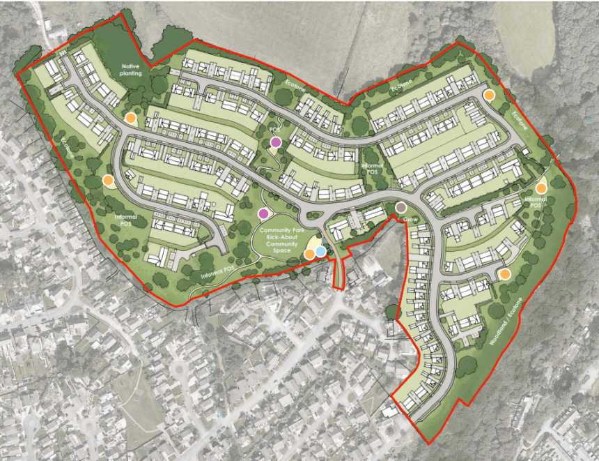 Masterplan map of the proposed 250‑home Leiros Parc development in Bryncoch showing housing layout, access routes and public open space.