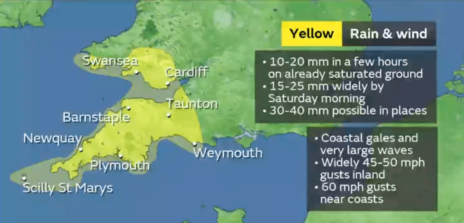 Met Office map highlighting a Yellow weather warning area across South West Wales.