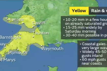 Met Office map highlighting a Yellow weather warning area across South West Wales.