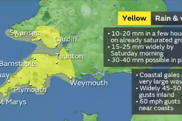Met Office map highlighting a Yellow weather warning area across South West Wales.