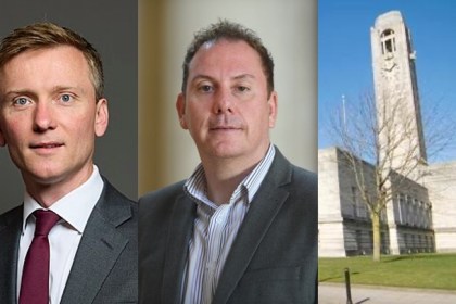 Montage of Torsten Bell, Rob Stewart and Swansea Guildhall, released ahead of a public meeting on the future of the Ospreys.