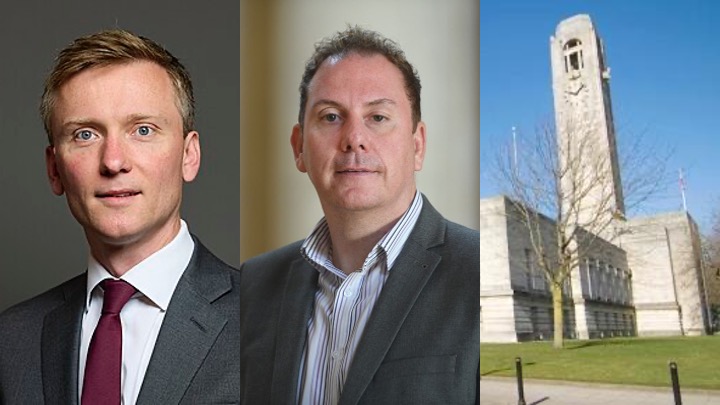 Montage of Torsten Bell, Rob Stewart and Swansea Guildhall, released ahead of a public meeting on the future of the Ospreys.